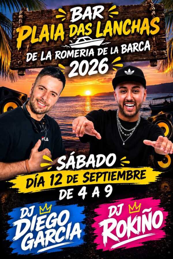 Cartel del Bar Plaia das Lanchas para la Romería de la Barca 2026, con DJ Diego García y DJ Rokiño el sábado 12 de septiembre.