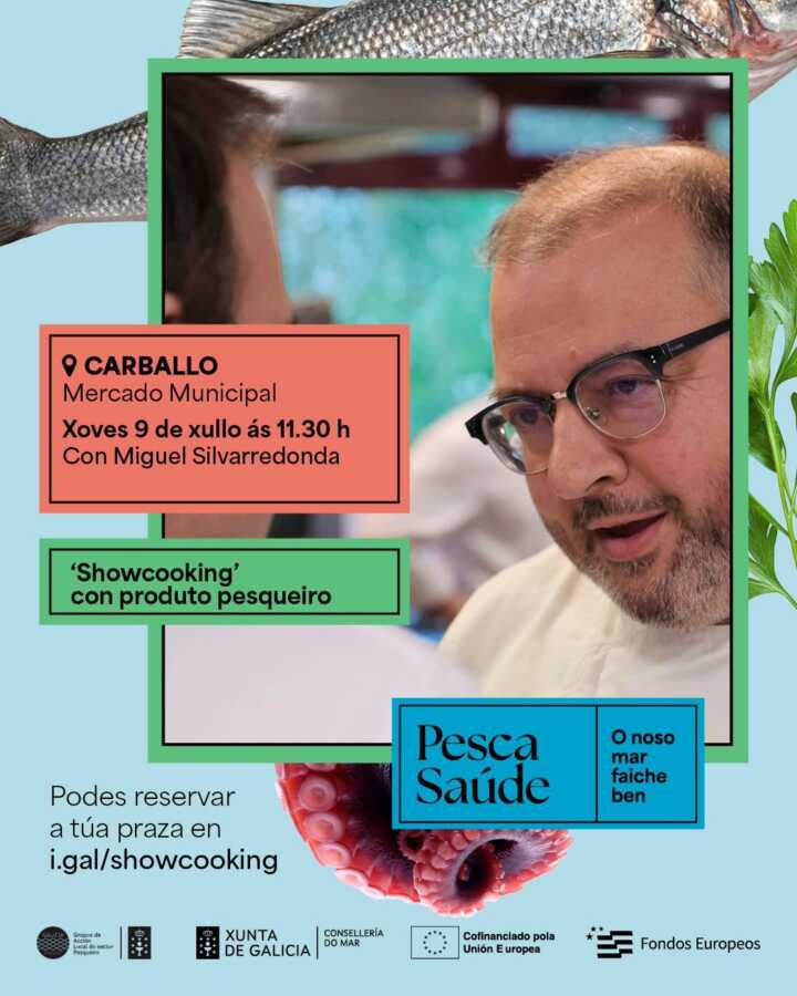 Cartel del showcooking con producto pesquero de Miguel Silvarredonda en el Mercado Municipal de Carballo, el 9 de julio de 2026.