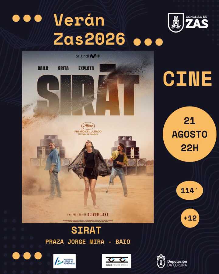 Cartel da proxección de Sirat de Oliver Laxe en Baio, Zas, o 21 de agosto de 2026 dentro do Ciclo Mestre Mateo
