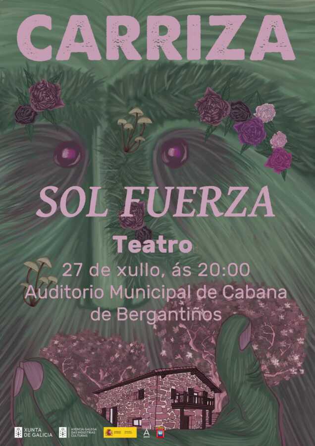 Cartel de la obra de teatro Sol Fuerza, de Carriza, en el Auditorio Municipal de Cabana de Bergantiños