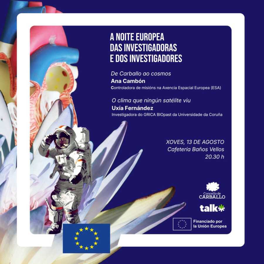 Cartel da Noite Europea das Investigadoras e dos Investigadores en Carballo, con Ana Cambón e Uxía Fernández, o 13 de agosto ás 20:30 h na Cafetería Baños Vellos