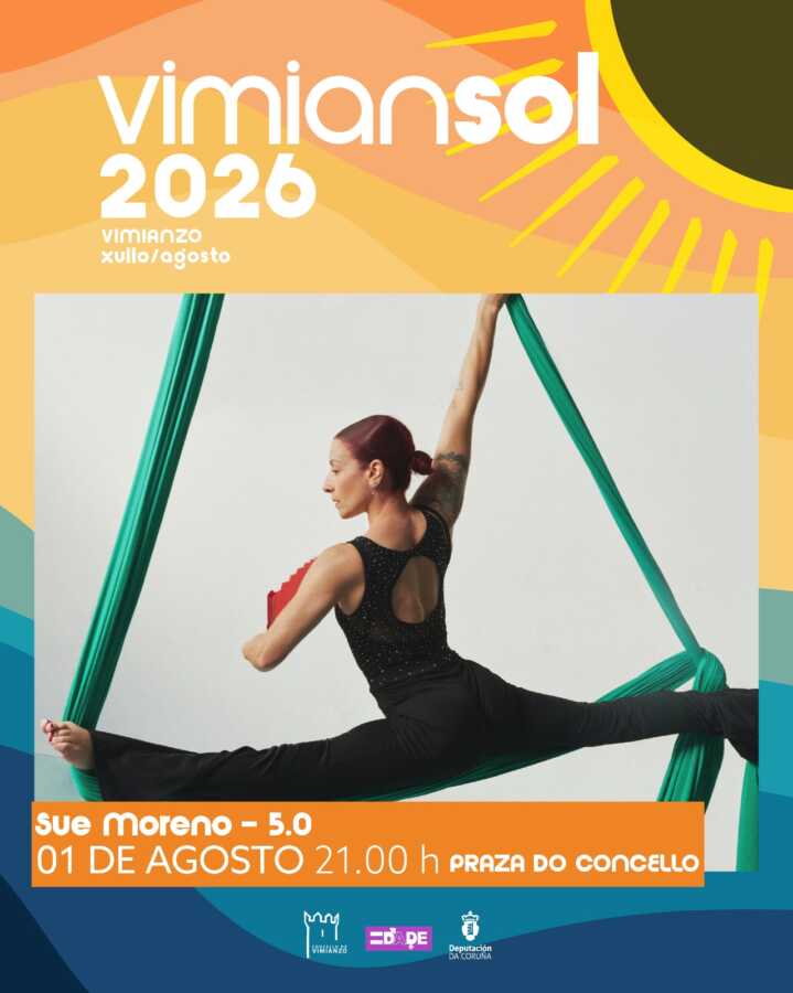 Cartel del espectáculo 5.0 de Sue Moreno en Vimianzo, el 1 de agosto de 2026 en la Praza do Concello