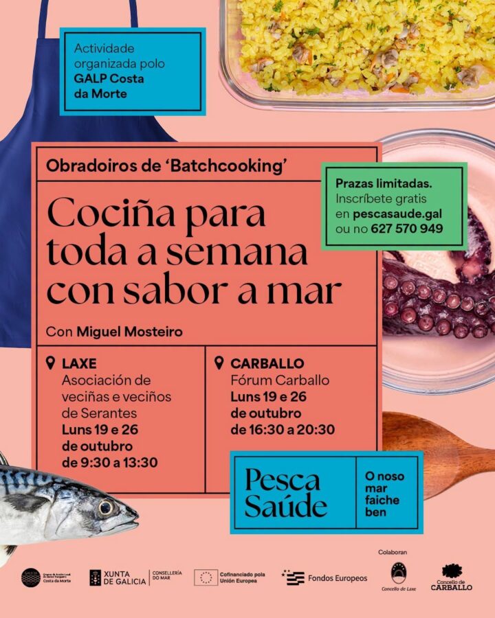 Cartel dos obradoiros de batch cooking Pesca Saúde en Laxe e Carballo, 19 e 26 de outubro de 2026