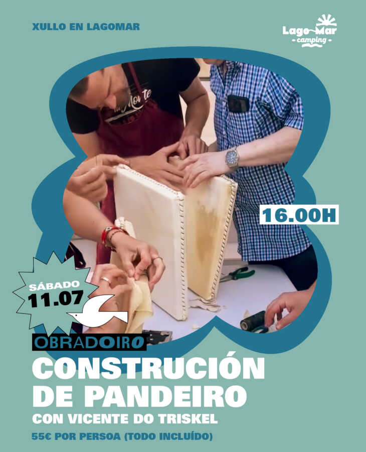 Cartel del taller de construcción de pandeiro con Vicente do Triskel en Lagomar Camping