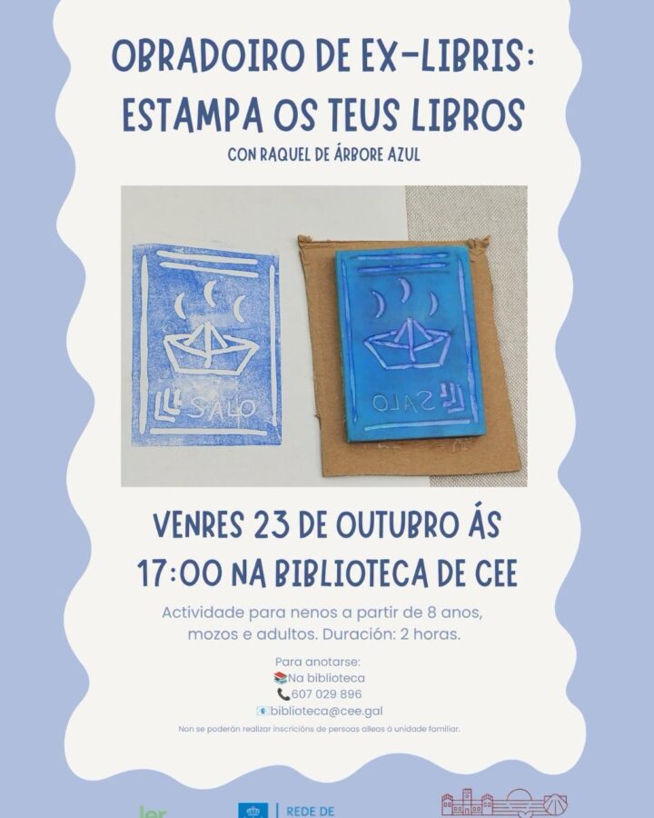Cartel do obradoiro de ex libris Estampa os teus libros na Biblioteca de Cee