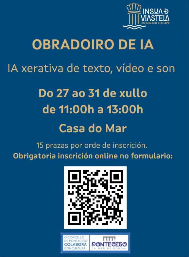 Cartel del Obradoiro de IA xerativa en la Casa do Mar de Corme, del 27 al 31 de julio de 2026.