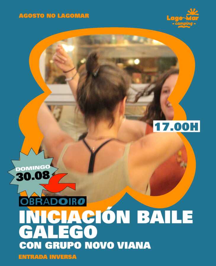 Cartel del obradoiro de iniciación ao baile galego con Grupo Novo Viana en Lago-Mar Camping, 30 de agosto de 2026