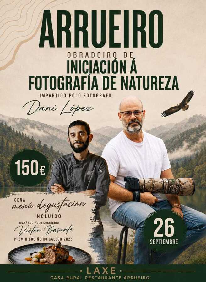 Cartel del obradoiro de iniciación á fotografía de natureza en Arrueiro, Laxe, con Dani López