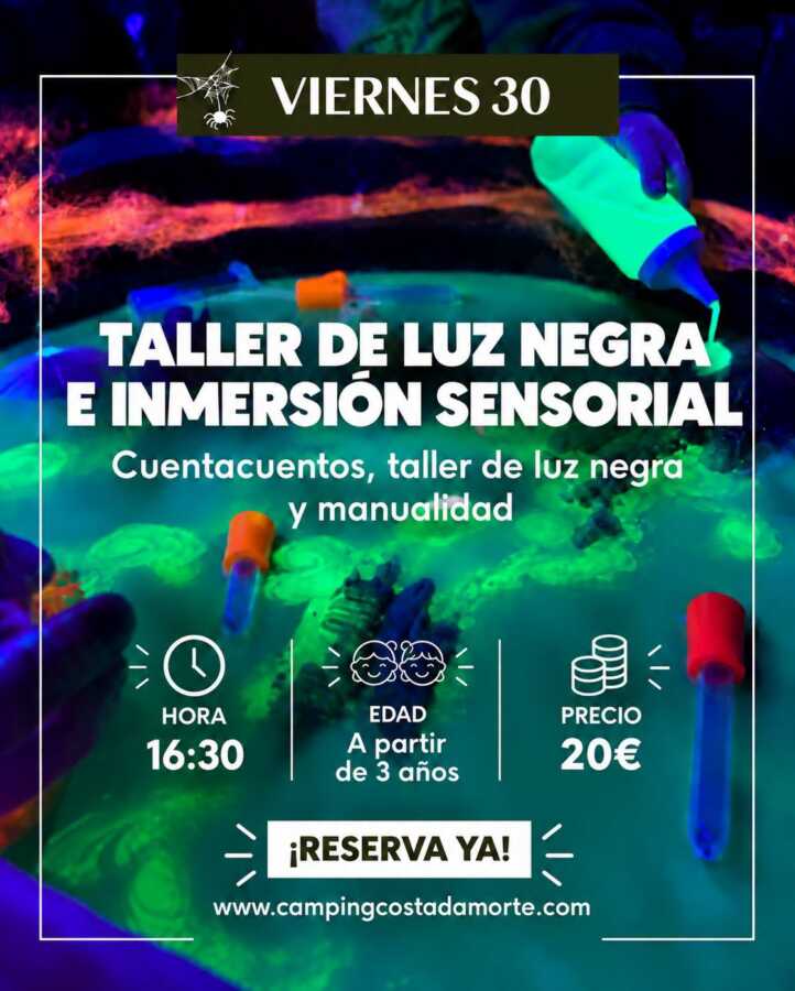 Cartel del Taller de luz negra e inmersión sensorial en Camping Costa da Morte