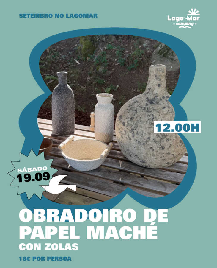 Cartel del obradoiro de papel maché con Zolas en Lago-Mar Camping
