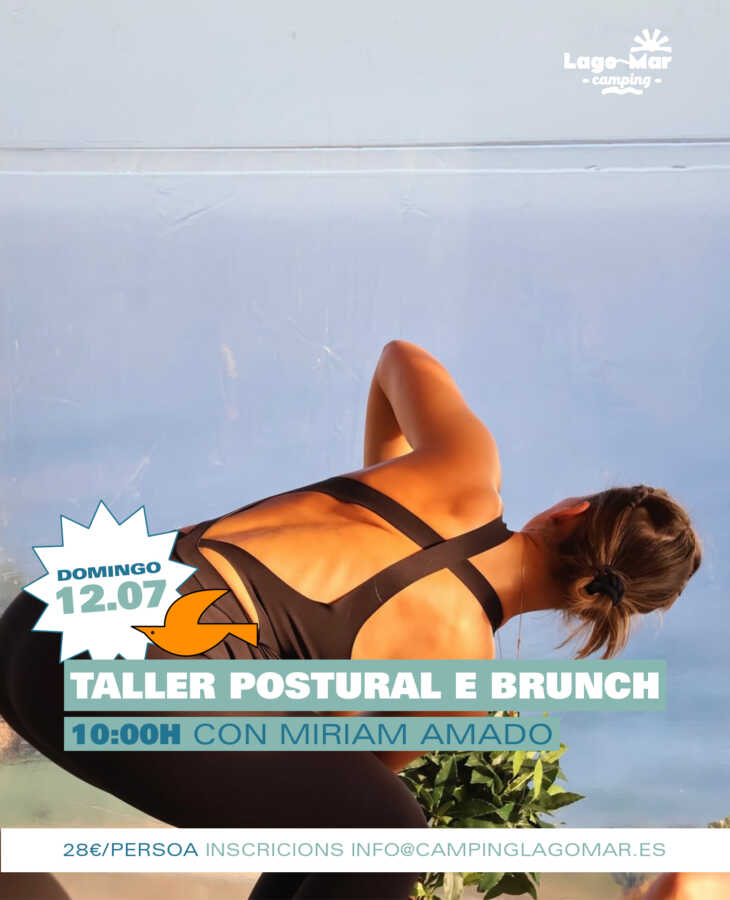 Cartel del taller postural y brunch con Miriam Amado en Lagomar Camping