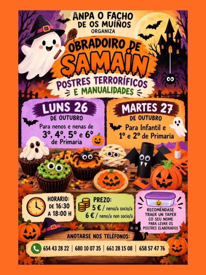 Cartel do obradoiro de Samaín 2026 con sobremesas terroríficas e manualidades no CEIP dos Muíños de Muxía