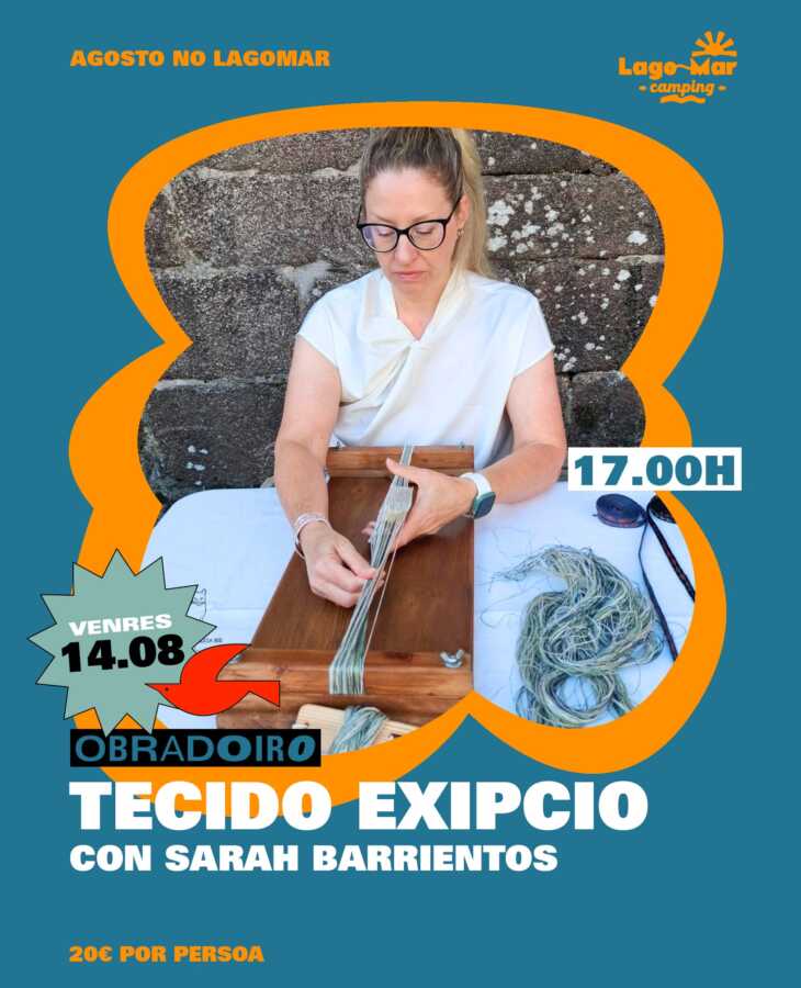 Cartel del taller de tejido egipcio con Sarah Barrientos en Lagomar Camping, el 14 de agosto a las 17:00 horas