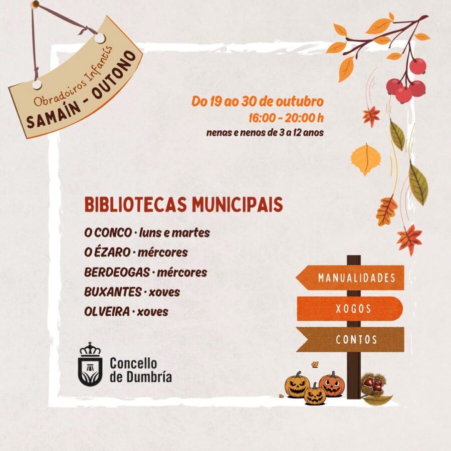 Cartel de los talleres infantiles de Samaín y otoño en las bibliotecas municipales de Dumbría, del 19 al 30 de octubre de 2026
