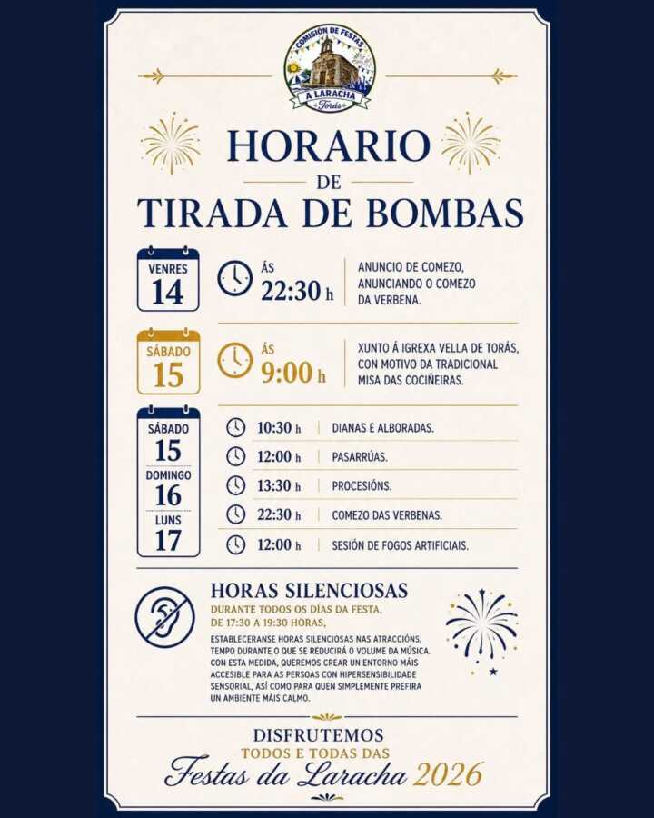 Cartel con el horario de tirada de bombas, fuegos artificiales y horas silenciosas de las Festas da Laracha 2026