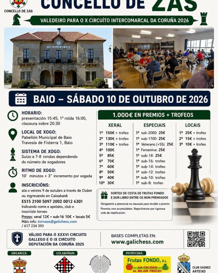 Cartel del torneo de ajedrez en Baio, Zas, válido para el Circuito Intercomarcal da Coruña 2026
