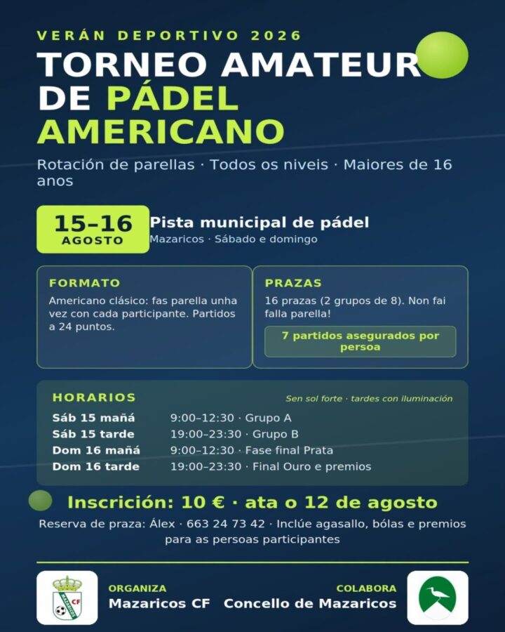 Cartel del Torneo Amateur de Pádel Americano del Verán Deportivo 2026 en Mazaricos