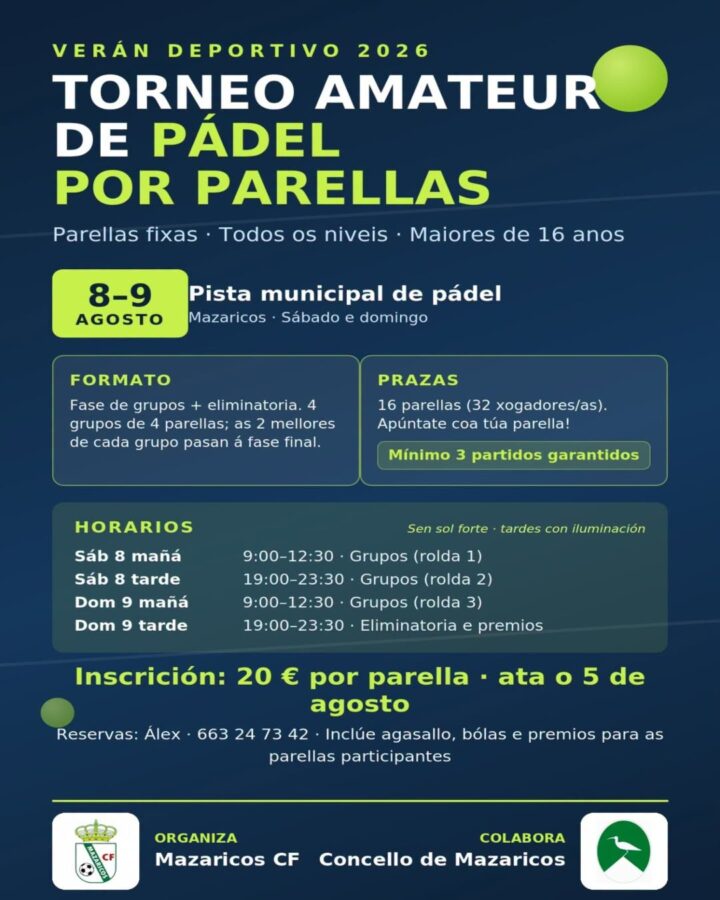 Cartel del Torneo Amateur de Pádel por Parejas del Verán Deportivo 2026 en Mazaricos