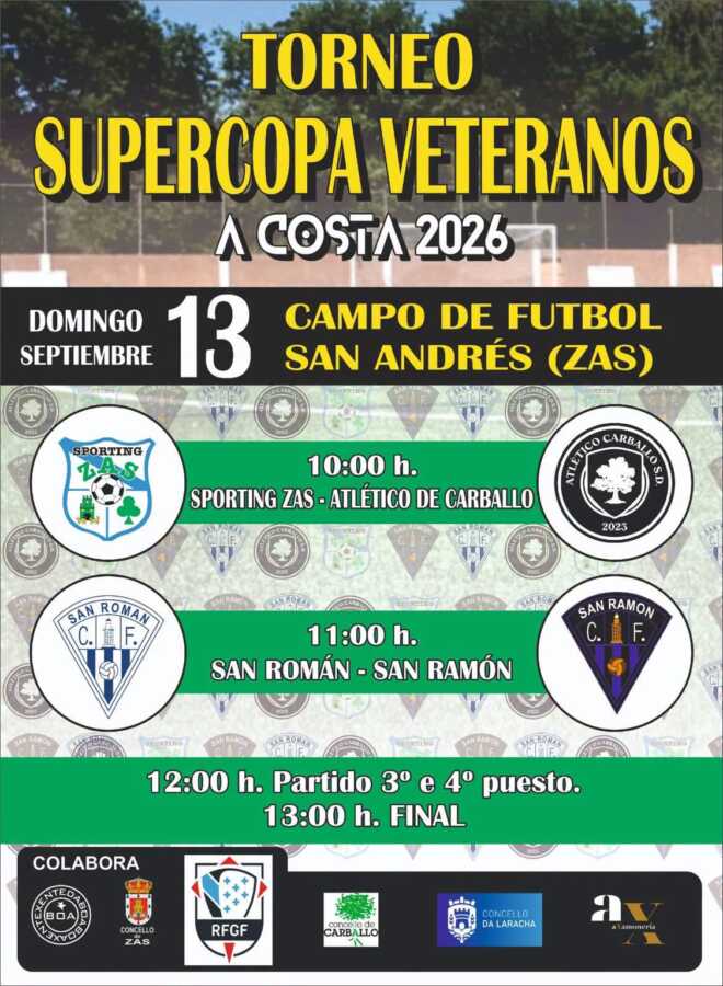 Cartel del Torneo Supercopa Veteranos A Costa 2026 en el campo de fútbol San Andrés de Zas