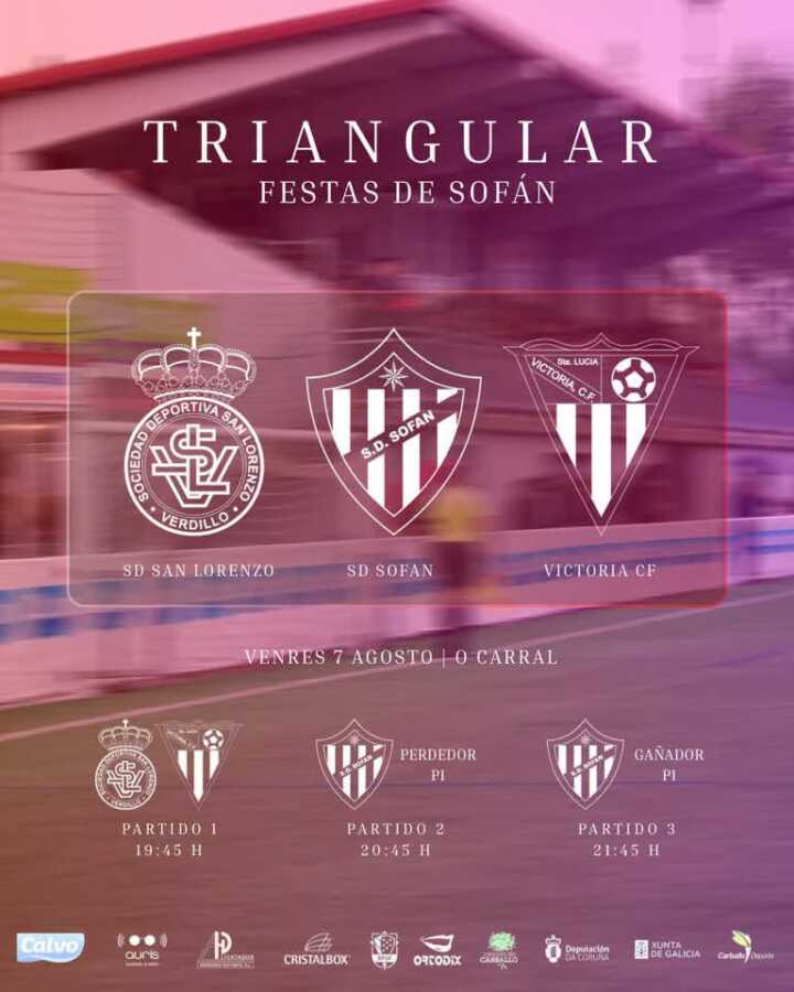 Cartel del Triangular Trofeo Festas de Sofán 2026 en el campo municipal O Carral