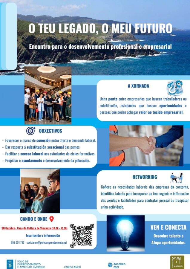 Cartel do encontro O teu legado, o meu futuro, emprego, talento FP e remuda empresarial en Vimianzo