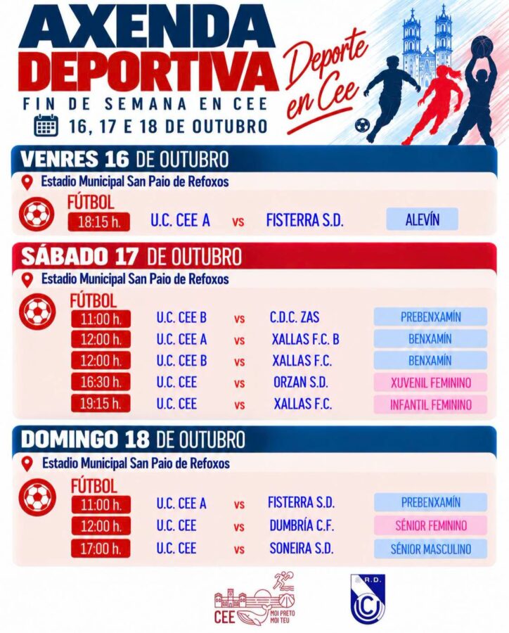 Cartel de la axenda deportiva de Cee, fin de semana del 16 al 18 de octubre de 2026.