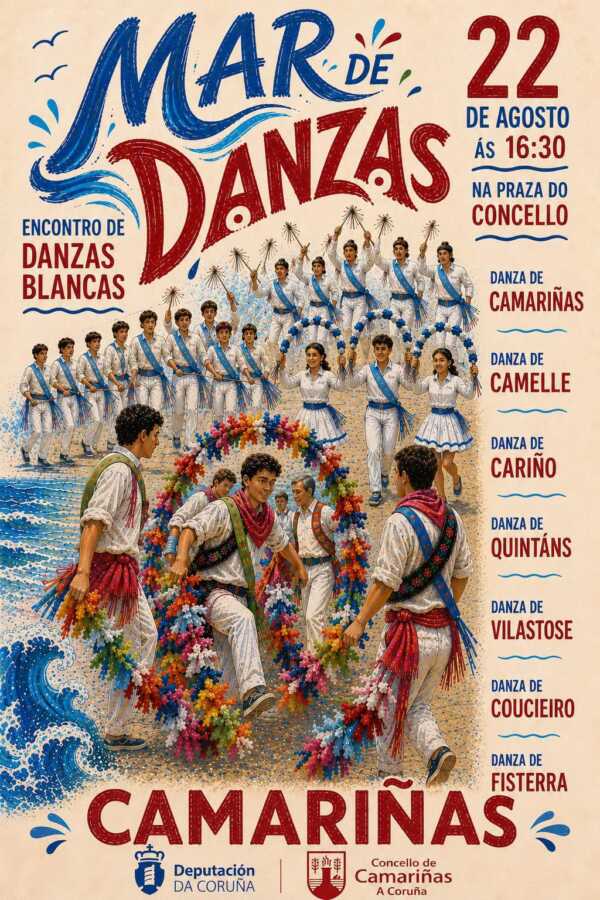 Cartel do II Encontro de Danzas Brancas «Mar de Danzas» en Camariñas, 22 de agosto de 2026