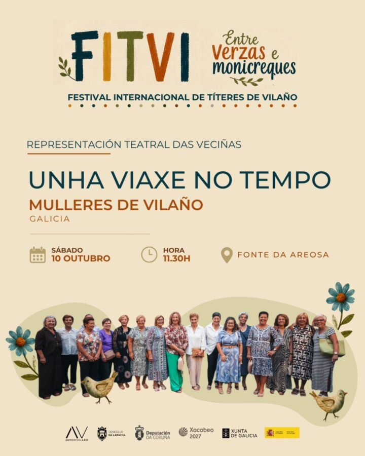 Cartel de «Unha viaxe no tempo» do FITVI en Vilaño, representación teatral das mulleres de Vilaño o 10 de outubro ás 11:30 h no Río de Lavar da Areosa.