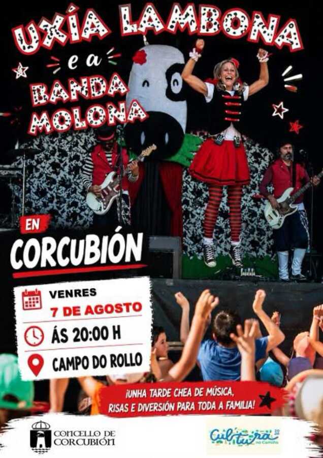 Cartel de la actuación de Uxía Lambona e a Banda Molona en el Campo do Rollo de Corcubión el 7 de agosto a las 20:00 horas