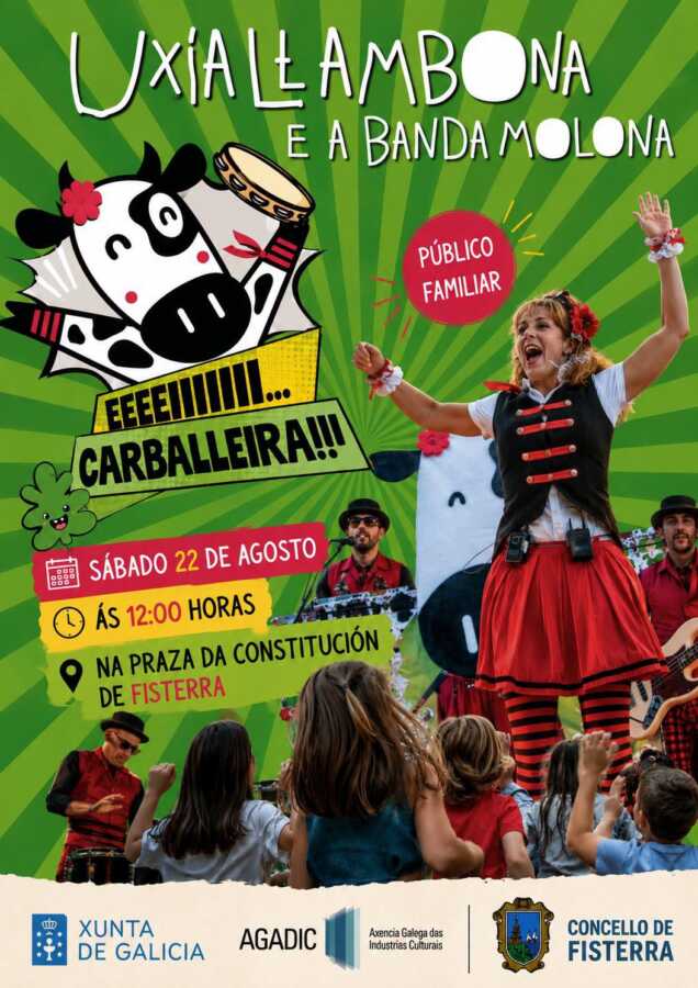 Cartel de Uxía Lambona e a Banda Molona en Fisterra, espectáculo familiar de música, baile e humor