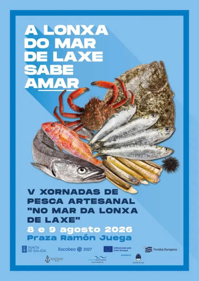 Cartel de las V Xornadas de Pesca Artesanal No mar da Lonxa de Laxe, 8 y 9 de agosto de 2026