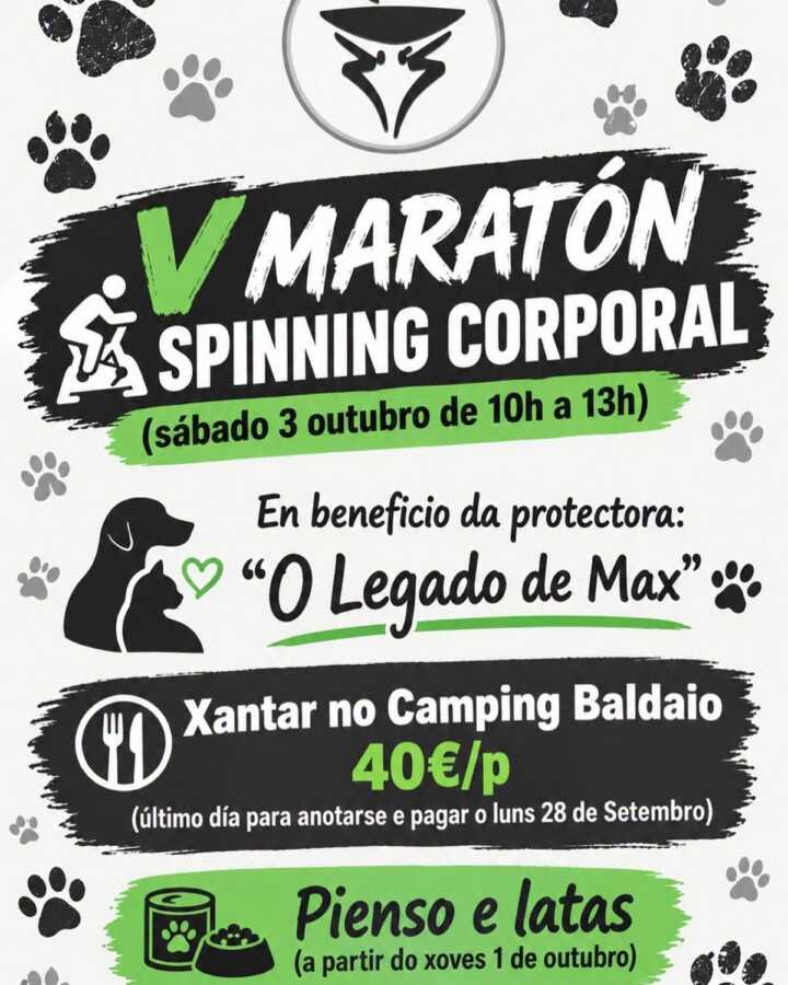 Cartel de la V Maratón de Spinning Corporal a beneficio de la protectora O Legado de Max, el 3 de octubre de 2026 en Carballo.