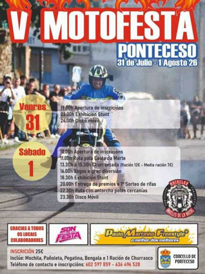 Cartel de la V Motofesta de Ponteceso, con exhibiciones stunt, rutas en moto y actividades