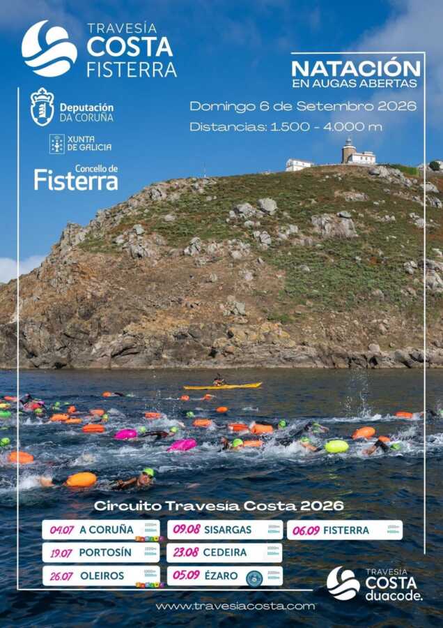Cartel de la V Travesía Costa Fisterra 2026, prueba de natación en aguas abiertas en Fisterra el 6 de septiembre