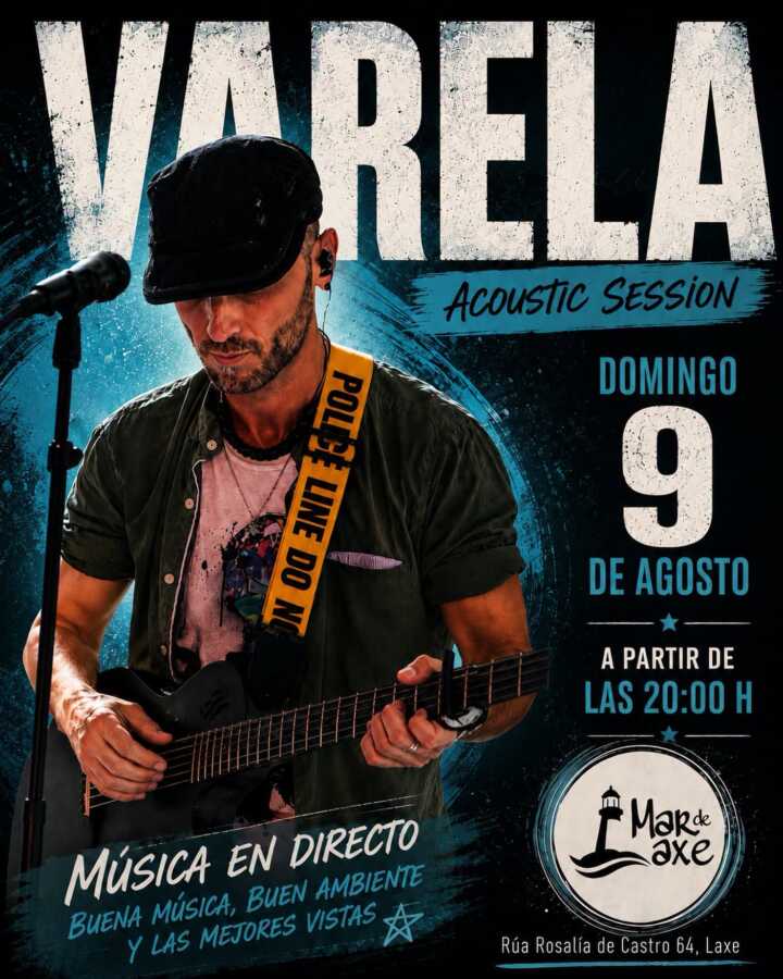 Cartel del concierto acústico de Varela en Mar de Laxe, domingo 9 de agosto de 2026 a las 20:00 h.