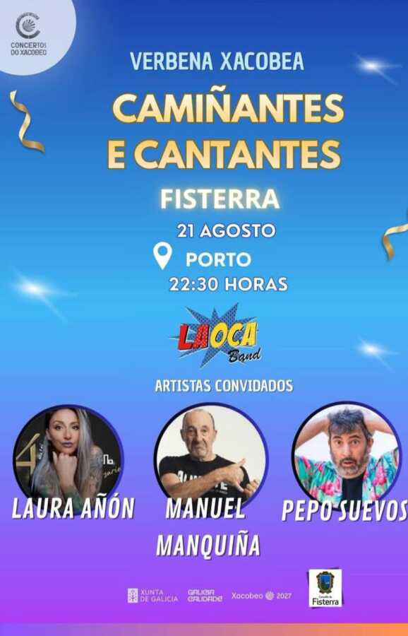 Cartel de la Verbena Xacobea Camiñantes e Cantantes en el Porto de Fisterra, 21 de agosto de 2026