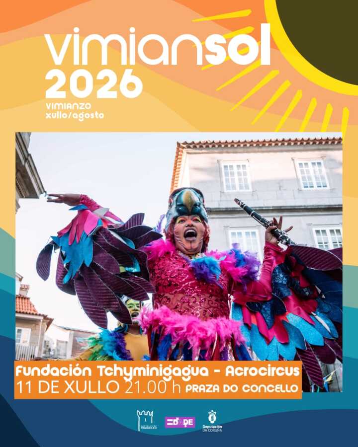 Cartel de Acrocircus de Fundación Tchyminigagua en Vimiansol 2026, el 11 de julio en Vimianzo