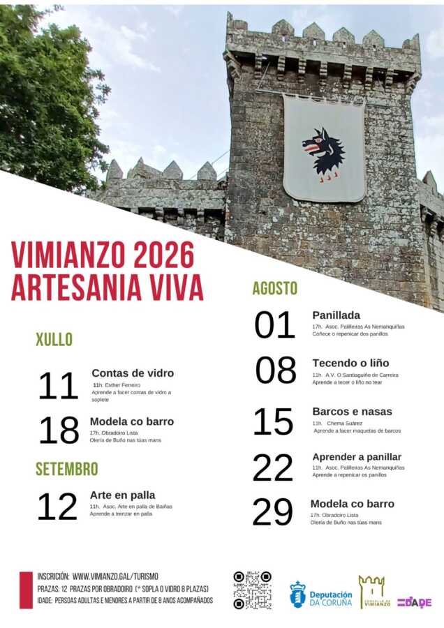 Cartel de Vimianzo 2026 Artesanía Viva, con talleres de julio a septiembre en el Castelo de Vimianzo