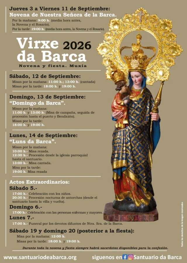 Cartel de la Virxe da Barca 2026 en Muxía con los horarios de la novena y las misas de fiesta