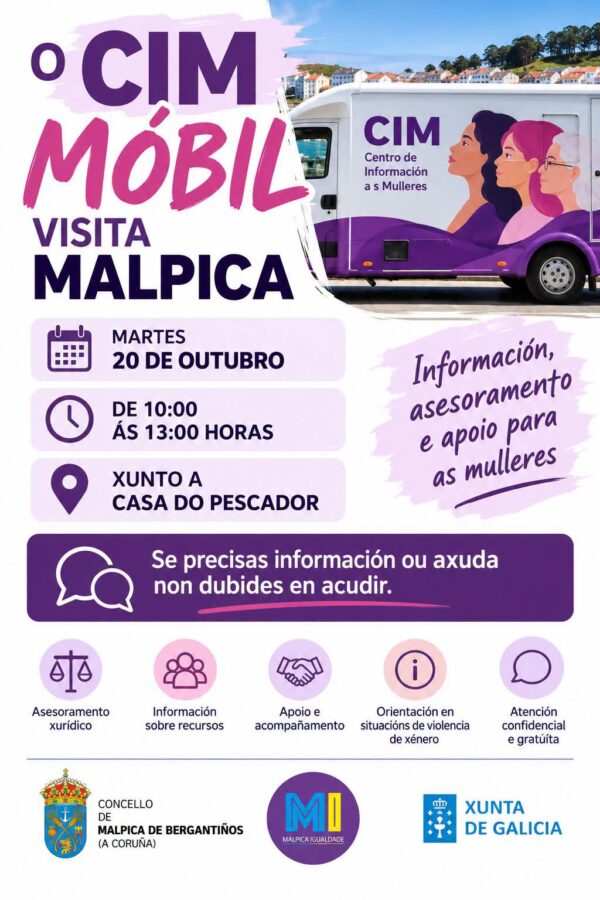 Cartel da visita do CIM Móbil a Malpica o 20 de outubro de 2026, de 10:00 a 13:00, xunto á Casa do Pescador.