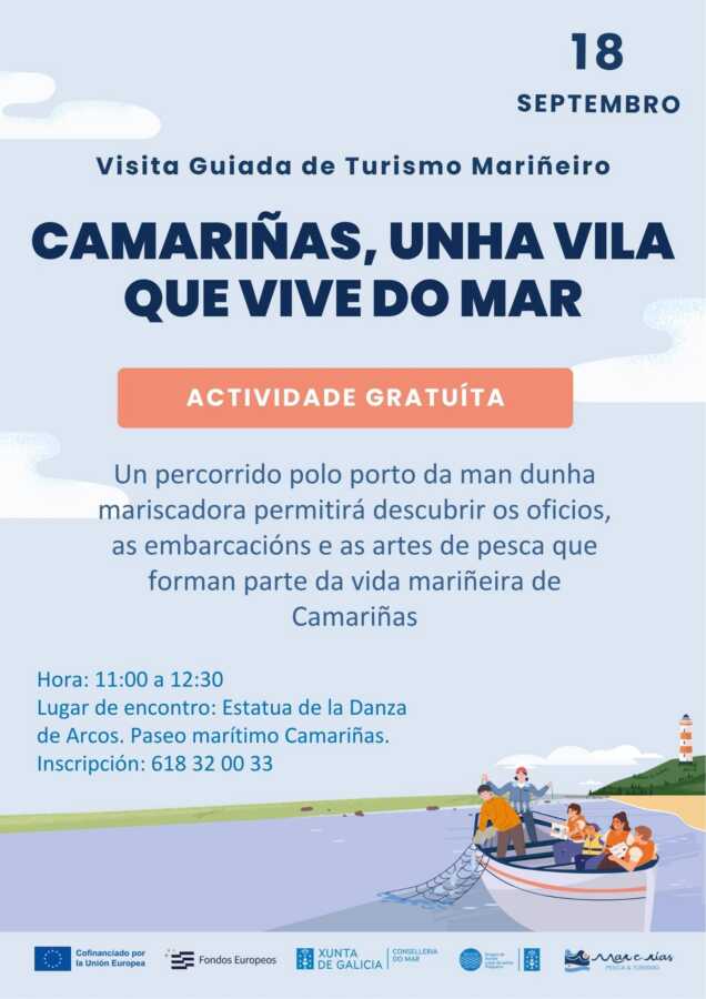 Cartel da visita guiada de turismo mariñeiro “Camariñas, unha vila que vive do mar”, o 18 de setembro de 2026
