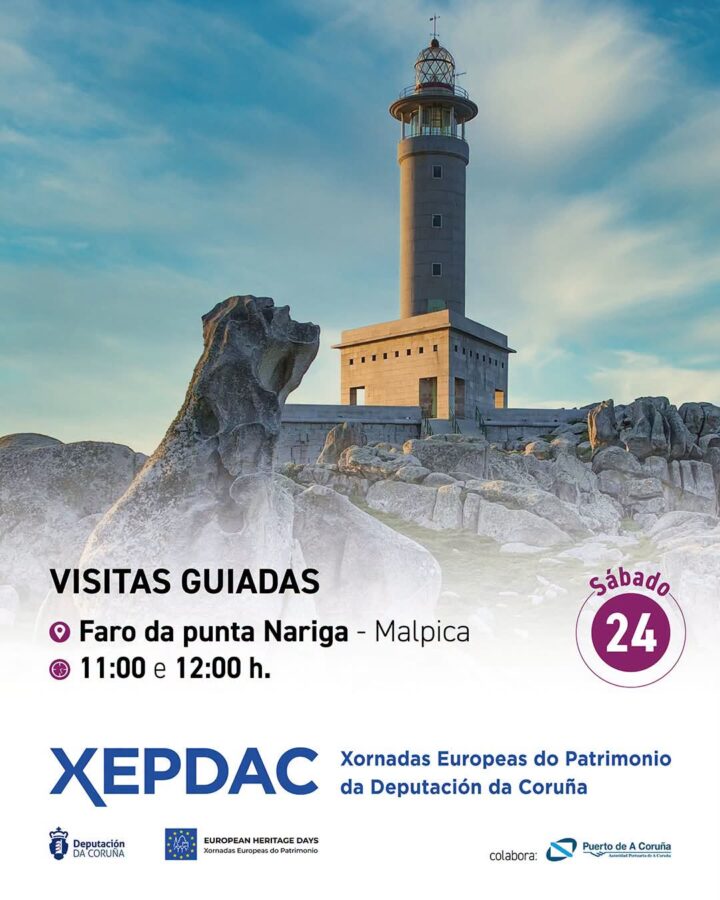 Cartel das visitas guiadas ao faro de Punta Nariga en Malpica, Xornadas Europeas do Patrimonio 2026
