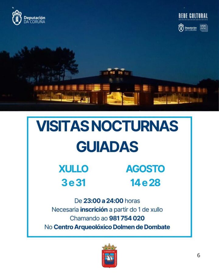 Cartel de las visitas nocturnas guiadas al Centro Arqueológico Dolmen de Dombate en julio y agosto de 2026