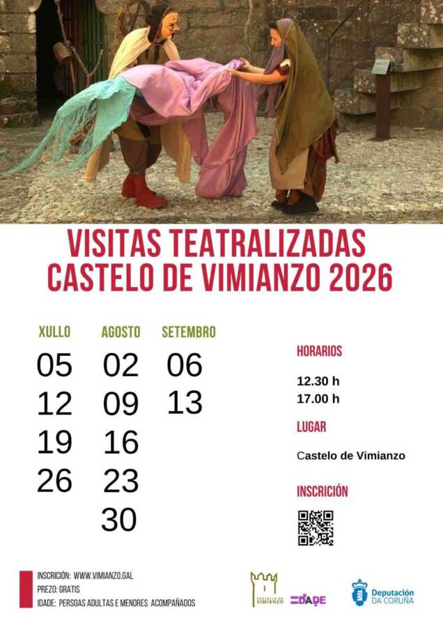 Cartel de las visitas teatralizadas al Castelo de Vimianzo 2026, con fechas de julio, agosto y septiembre