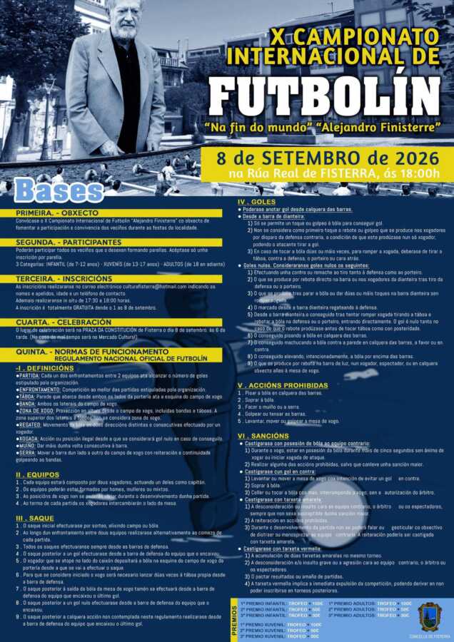 Cartel del X Campeonato Internacional de Futbolín Alejandro Finisterre en Fisterra, 8 de septiembre de 2026