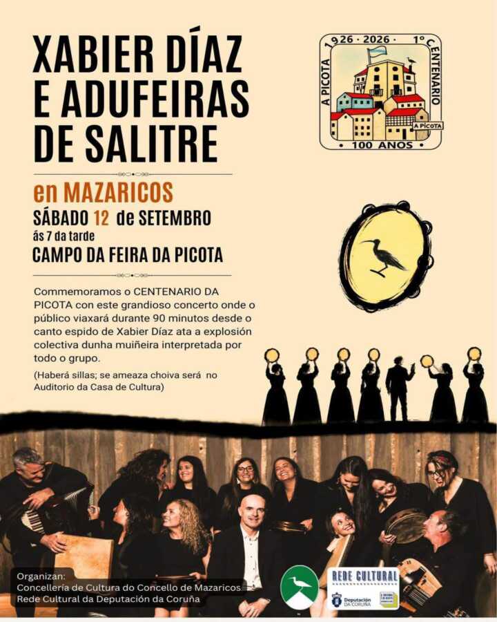 Cartel do concerto de Xabier Díaz e Adufeiras de Salitre en Mazaricos, 12 de setembro de 2026