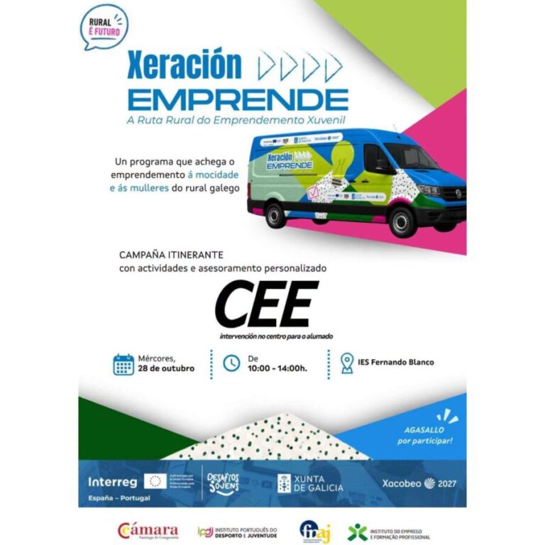 Cartel de Xeración Emprende en Cee: campaña de emprendemento xuvenil o 28 de outubro de 2026 no IES Fernando Blanco.
