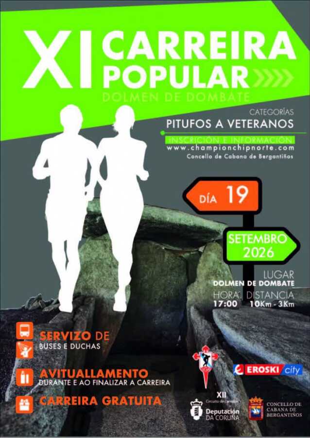 Cartel de la XI Carreira Popular Dolmen de Dombate, el 19 de septiembre de 2026, con pruebas de 10 km y 3 km