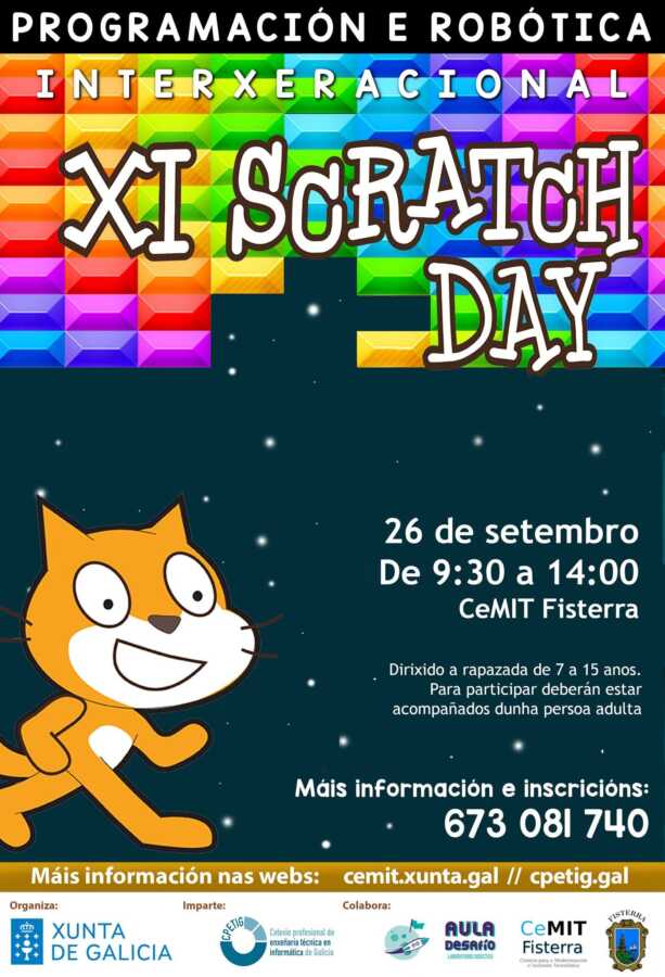 Cartel do XI Scratch Day 2026 na Aula CeMIT Fisterra, xornada de programación e robótica para rapazada de 7 a 15 anos