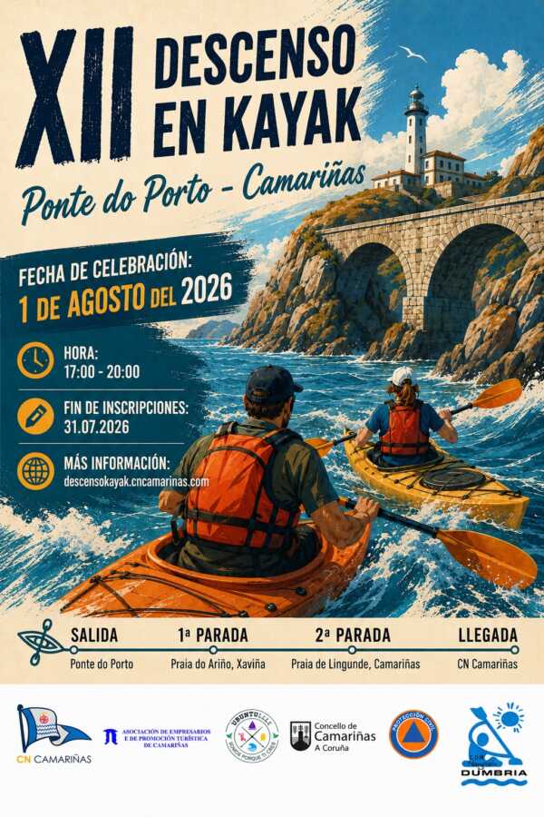 Cartel del XII Descenso en Kayak entre Ponte do Porto y Camariñas el 1 de agosto de 2026